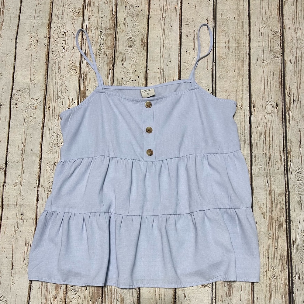 Paper Crane light blue spaghetti strap tiered ruffle peasant top blouse, small